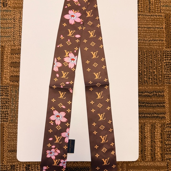 Louis Vuitton Brown Floral Silk Scarf twilly bandeau LV takashi murakami - Picture 1 of 8